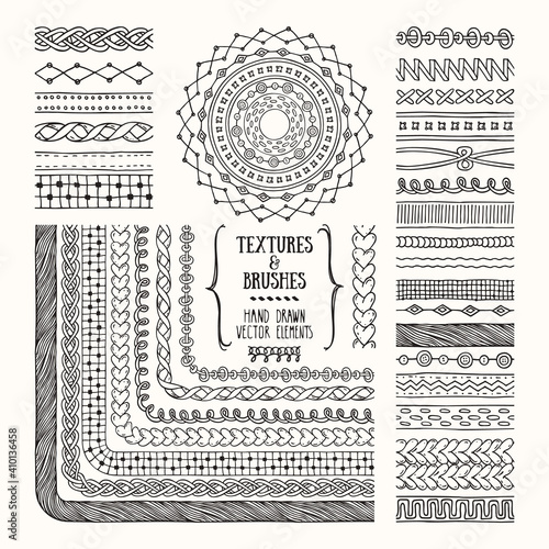 Hand drawn textures and brushes. Creative collection of design elements, needlework, knitted fabric, rough cloth, textile, handicraft patterns, geometric textures. Pattern brushes are included in EPS.