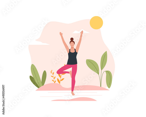 Female character doing yoga in nature and leaves. Concept illustration for practicing yoga, meditation, healthy lifestyle. Colorful yoga concept for app, web design. Modern vector illustration in flat