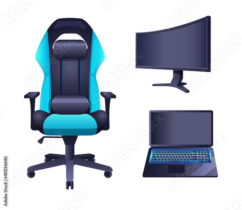 Gaming accessories and professional IT equipment set. Gaming armchair, modern monitor and norepad for game. Ergonomic chair front view. Gamer accessories and equipment