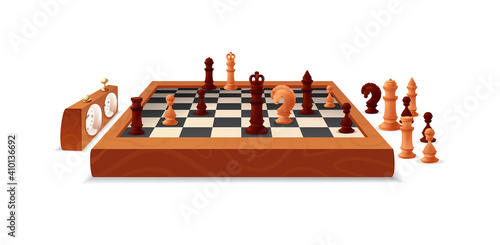 Wooden chess game pieces and figures on chess board. Chessboard with figures and clock. Board game, tactical logic sports game, chess tournament, hobby vector