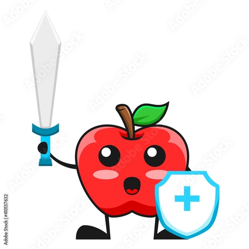 vector illustration of cute apple fruit medical or character fighting virus. cute apple fruit Concept White Isolated. Flat Cartoon Style Suitable for Landing Page, Banner, Flyer, Sticker.