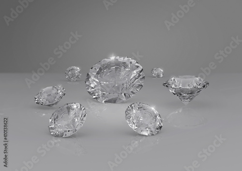Group of dazzling diamond on gray background. 3D render