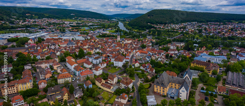 Aerial view of the old town of the city Lohr am Main in Germany on sunny day in spring. 