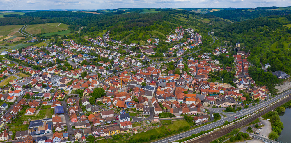 Aerial view of the city Zellingen am Main in Germany on a sunny day in spring.	