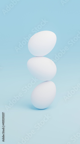 Background with white easter eggs in a stack formation. Holiday season concept backdrop. 3D Rendering