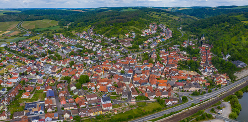Aerial view of the city Zellingen am Main in Germany on a sunny day in spring. 