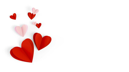 Valentine Day background. Red, pink paper hearts on white background, top view image. Romantic celebration card, flat lay decoration isolated on white. Greeting card concept.