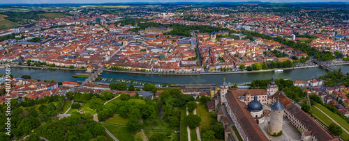 Aerial view of the old town and castle of the city Würzburg in Germany, Bavaria on a cloudy, late spring afternoon