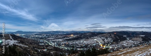 Night view of village in mountains during winter