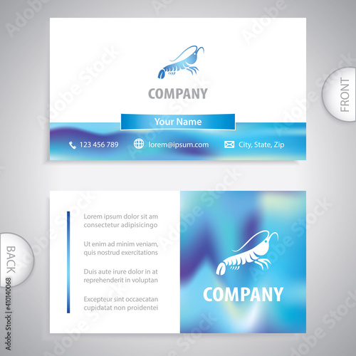 Business card template. Sea shrimp icon. Seafood shop and restaurant. Concept for business with sea animals.