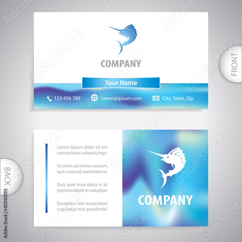 Business card template. Predatory swordfish fish. Symbol for sport yacht clubs and fishing centers. Seafood shop and restaurant.