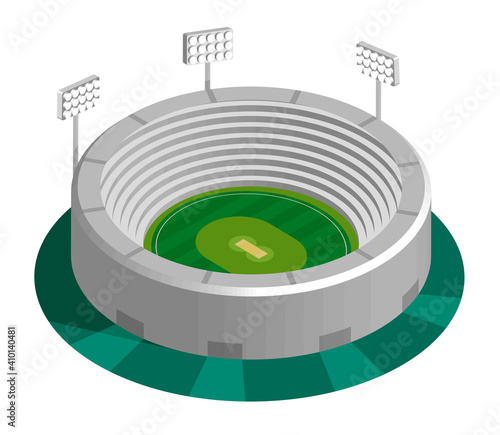 green cricket field in isometric view with spectator stands at sports stadium. Outdoor cricket court. Sports ground for active recreation. Vector