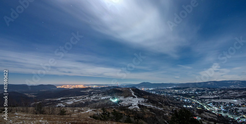 Night view of village in mountains during winter