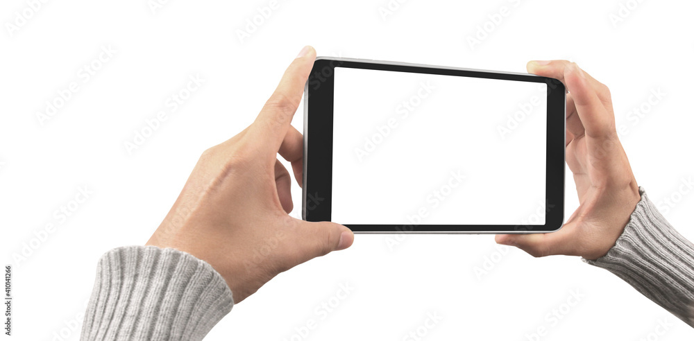 Hands holding tablet touch computer gadget with screen Hands holding tablet touch computer gadget with screen