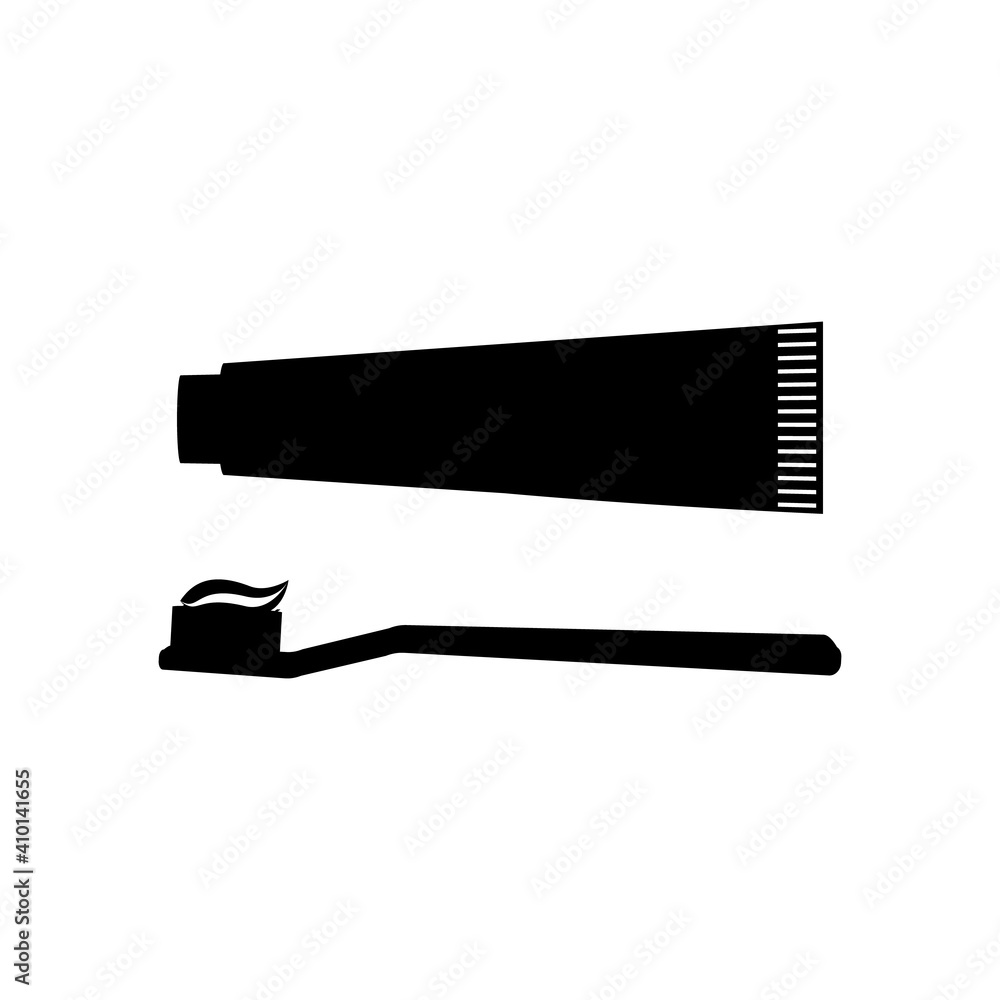 A toothbrush with paste on it. A tube of toothpaste. Black silhouette on white background isolated. Icon. Vector illustration. Set of two icons A toothbrush with paste on it. A tube of toothpaste. Black silhouette on white background isolated. Icon. Vector illustration. Set of two icons