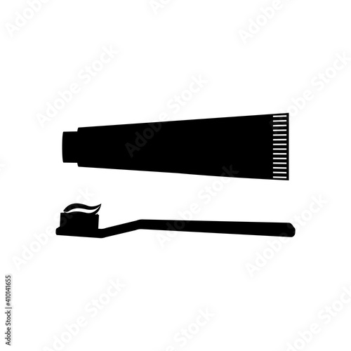 A toothbrush with paste on it. A tube of toothpaste. Black silhouette on white background isolated. Icon. Vector illustration. Set of two icons