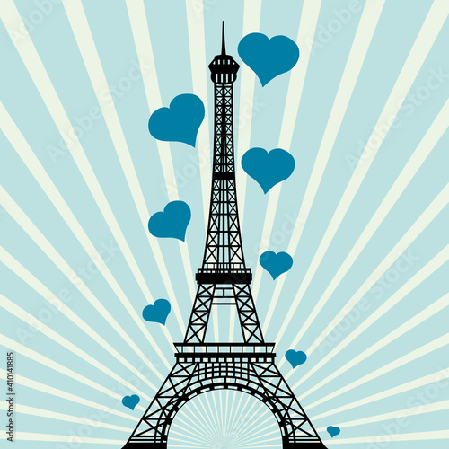 Beautiful Eiffel Tower. Vector Drawing With Blue Hearts.