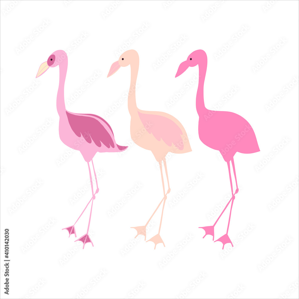 Fototapeta premium Set of pink flamingos doodle vector. Cartoon hand-drawn stock illustration. Isolated on white background.