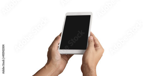 Hands holding tablet touch computer gadget with screen