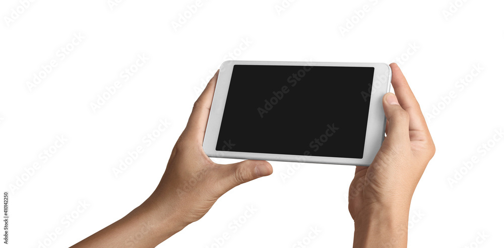 Hands holding tablet touch computer gadget with screen Hands holding tablet touch computer gadget with screen