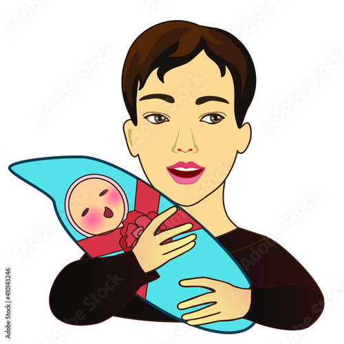 father or babysitter holds swaddled baby in his arms, vector color illustration, clip art on white isolated background