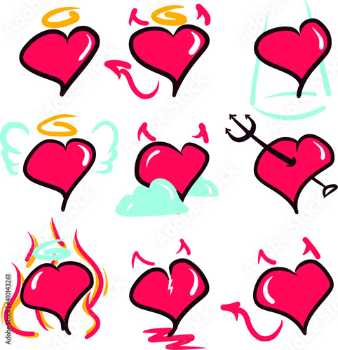 Pack de vectores de corazones con cuernos, alas y temática religiosa
