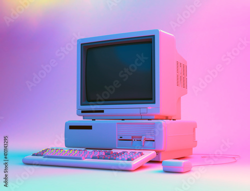 Vintage Desktop PC with Floppy Drive, Keyboard and Mouse in Neon Lightning. 3D Rendering. photo