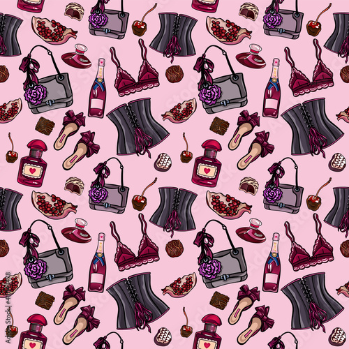 Valentine's day seamless vector pattern. Images of trendy lingerie, corset, bag, perfume, shoes, bottle, pomengranate, chocolate. Fashion illusrarion for gift wrapping, textile print, wallpaper.