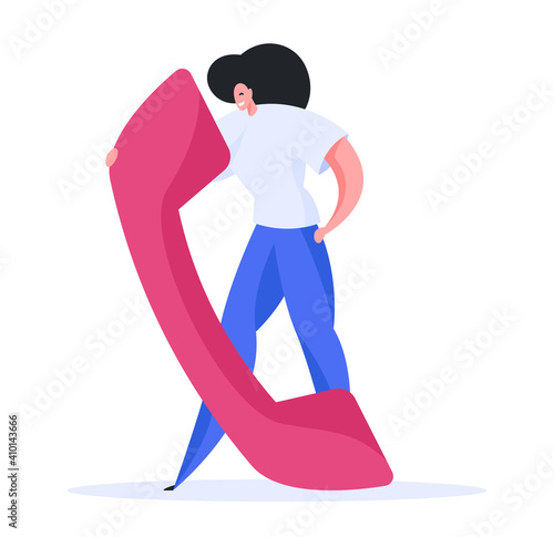 Friendly woman speaking on telephone. Flat vector illustration