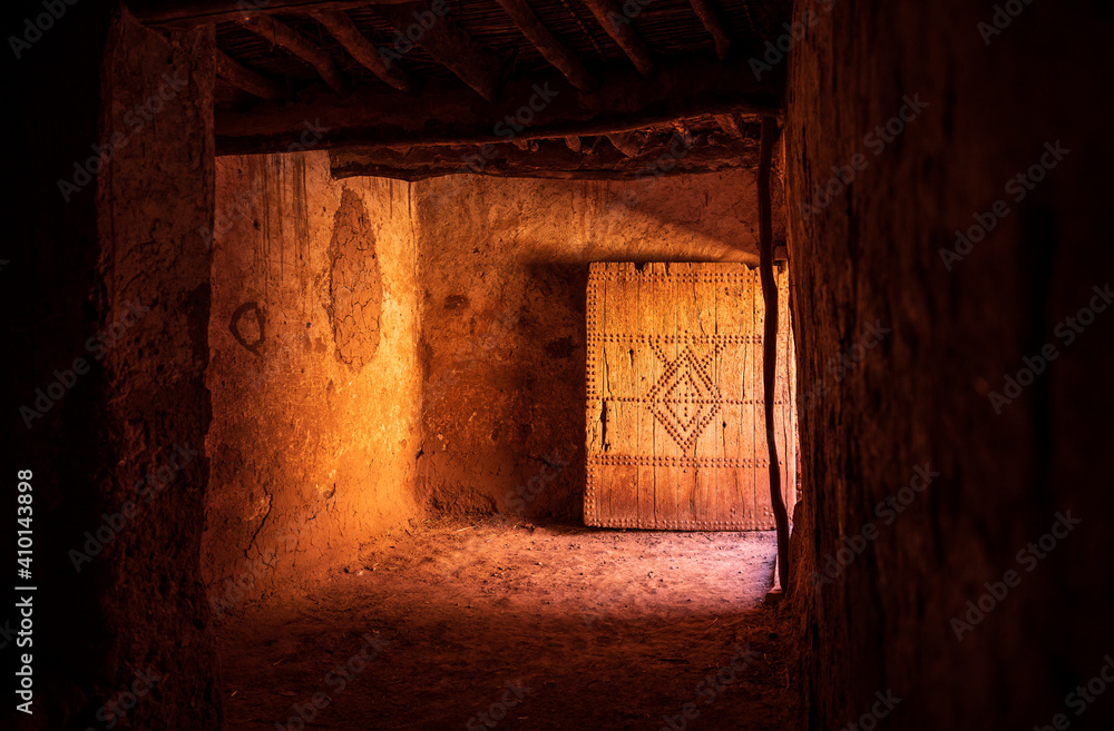 old wooden entrance door of medieval fort, Morocco