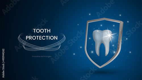 Snow white, sparkling tooth protects itself with a shield against dental diseases. Teeth protection concept for dental advertising on dark blue background. Realistic vector 3d model