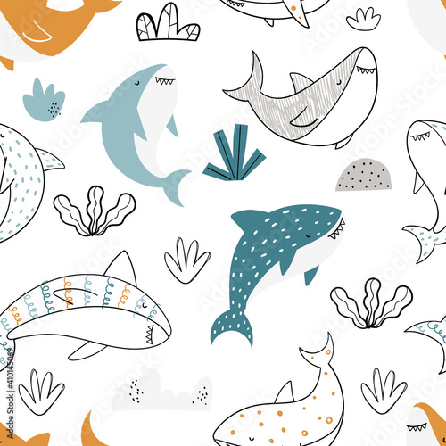 Vector hand-drawn colored childish seamless repeating simple doodle pattern with sharks in scandinavian style on a white background. Cute baby animals. Pattern for kids with sharks. Sea. Underwater.