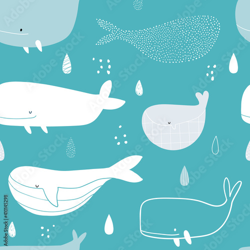 Vector hand-drawn colored childish seamless repeating simple doodle pattern with whales in scandinavian style on a blue background. Cute baby animals. Pattern for kids with whales. Kids design.
