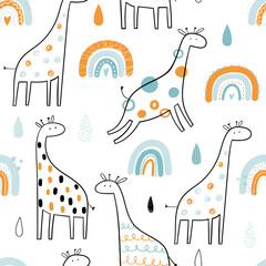 Canvas schilderij Regenboog patronen Giraffen en regenbogen Scandinavisch patroon  © ZHUKO