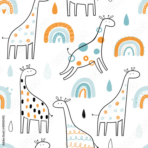 Vector hand-drawn colored childish seamless repeating simple pattern with cute giraffes and rainbows in scandinavian style on a white background. Cute baby animals. Pattern for kids with giraffes.