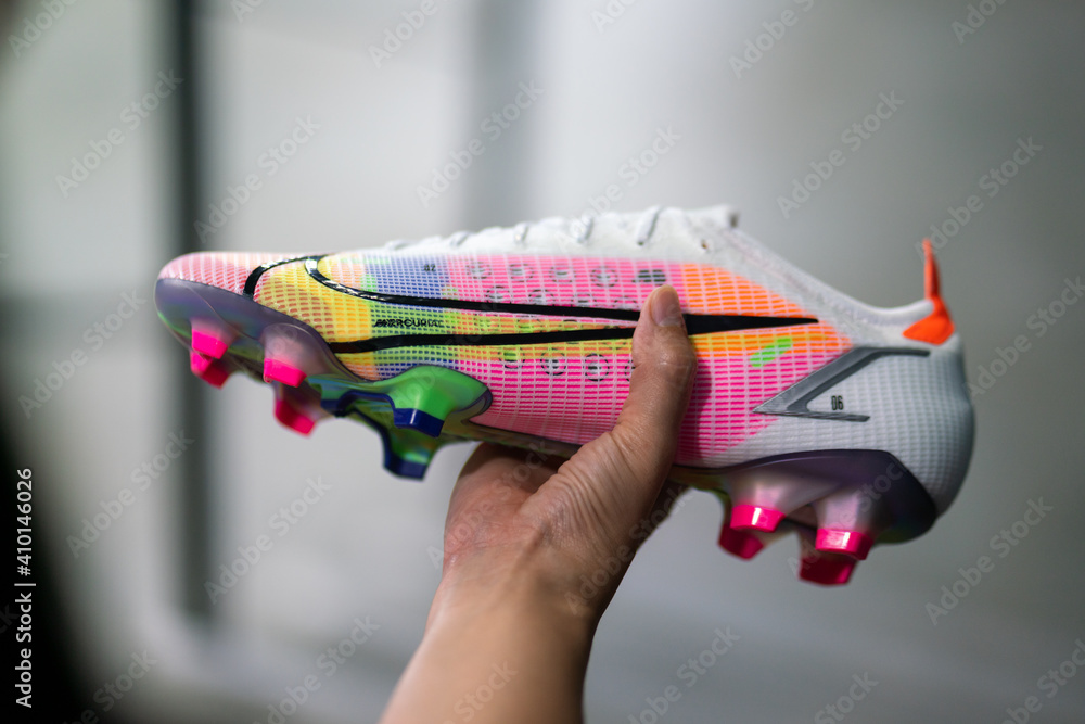 Bangkok, Thailand - February 2021 : Nike football lauch the new "Mercurial  Vapor 14", most famous football boots that designed for agility player.  It's presented and wearied by Cristiano Ronaldo. Photos | Adobe Stock