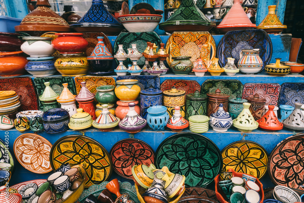 Moroccan Handicrafts In Countless Colours on Shelf for Sale, Essaouira, Morocco.