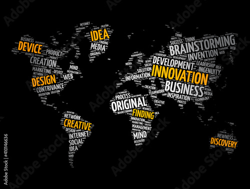 Innovation word cloud in shape of world map, business concept background