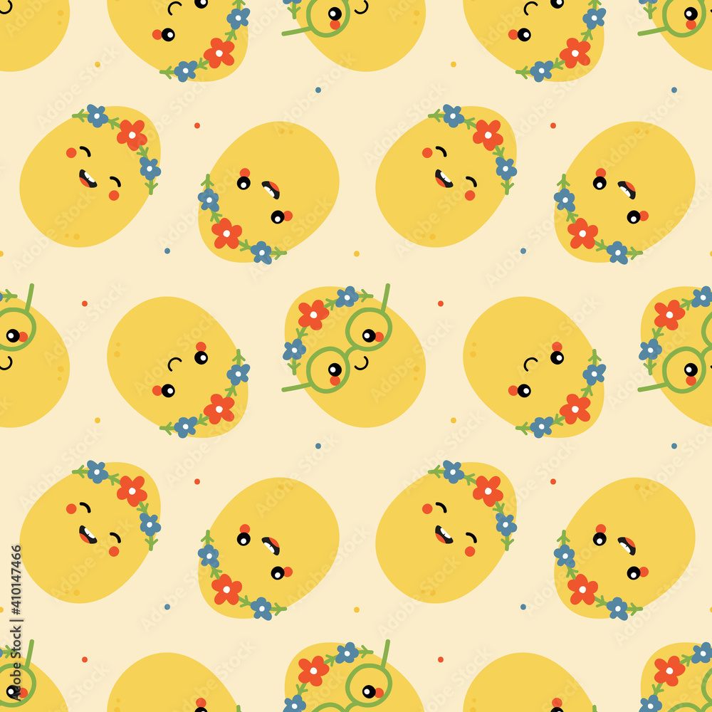 Fototapeta premium Cute cartoon style easter egg characters in floral wreath with dots vector seamless pattern background for Easter design. 