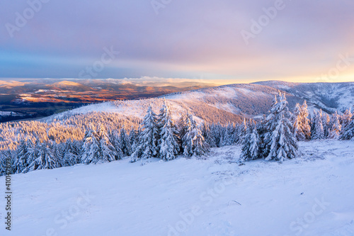 Beautiful alpine panoramic view snow capped mountains, European beautiful winter mountains in Jeseniky, Slope for cross country skiers in landscape Jeseniky Mountains, Czech Republic