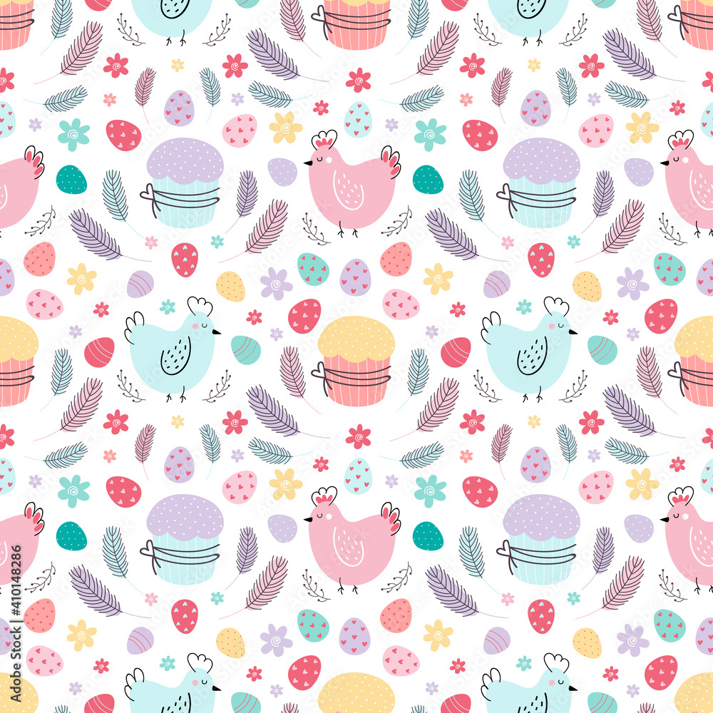 Easter seamless pattern. A pattern with chickens decorated with eggs, cakes, and feathers. Design for textiles, packaging, wrappers, web, printing. Vector flat illustration Easter seamless pattern. A pattern with chickens decorated with eggs, cakes, and feathers. Design for textiles, packaging, wrappers, web, printing. Vector flat illustration
