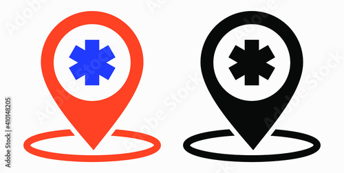 Hospital location icon. Pharmacy location. Location of the medical facility. Doctor's coordinates. Vector icon.