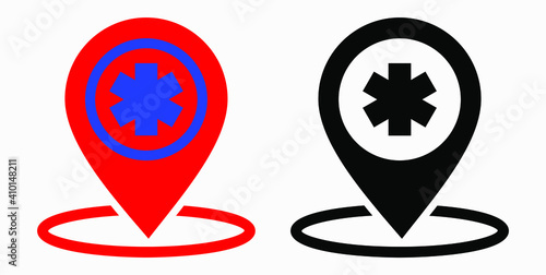 Hospital location icon. Pharmacy location. Location of the medical facility. Doctor's coordinates. Vector icon.