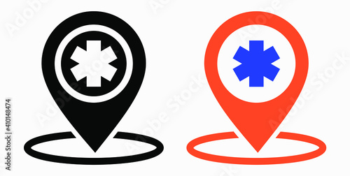 Hospital location icon. Pharmacy location. Location of the medical facility. Doctor's coordinates. Vector icon.