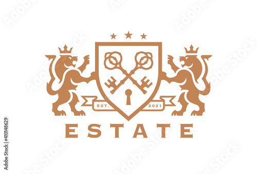 Luxury Lion key estate logo. Elegant heraldic shield crest icon. Premium coat of arms symbol. Royal heraldry emblem. Vector illustration.
