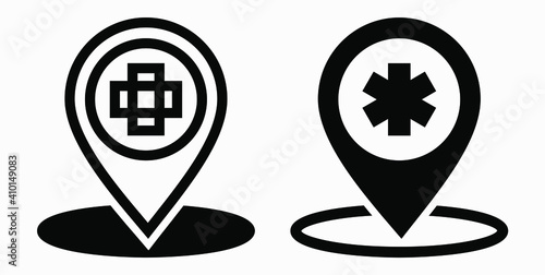 Hospital location icon. Pharmacy location. Location of the medical facility. Doctor's coordinates. Vector icon.