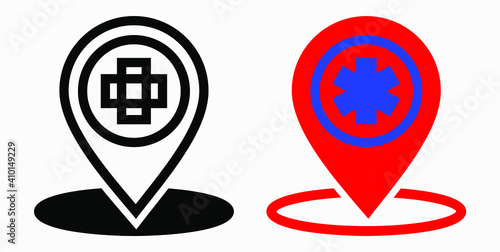 Hospital location icon. Pharmacy location. Location of the medical facility. Doctor's coordinates. Vector icon.