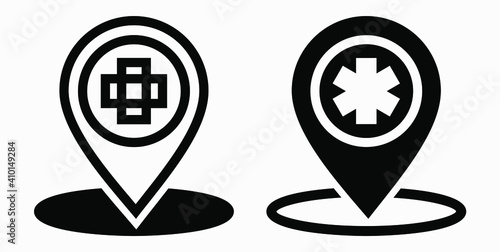 Hospital location icon. Pharmacy location. Location of the medical facility. Doctor's coordinates. Vector icon.