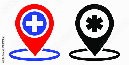 Hospital location icon. Pharmacy location. Location of the medical facility. Doctor's coordinates. Vector icon.