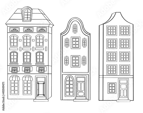 Set of vector buildings, outlined vector houses . Vector illustration